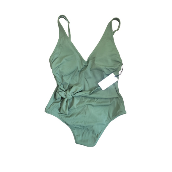 Shade & Shore Women's Plunge Tie-Front Wrap One Piece Swimsuit Green Size S - Picture 1 of 2